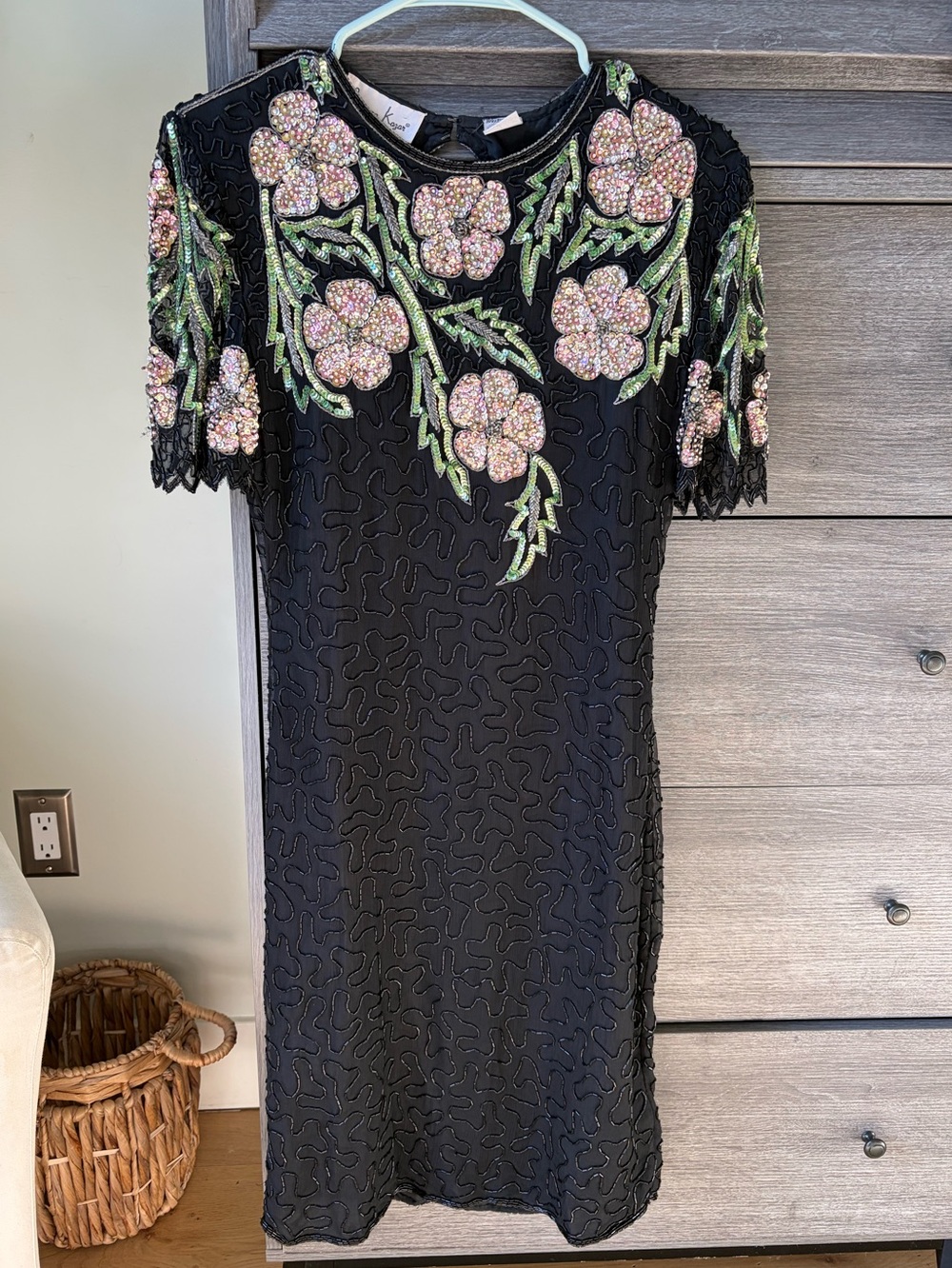 Vintage Laurence Kazar Black Dress with Pink Floral Embellishment